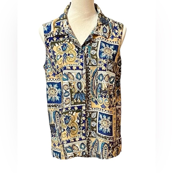 Rebecca Malone Womens Blouse L Blue And Gold Floral Print Rayon - Picture 1 of 4